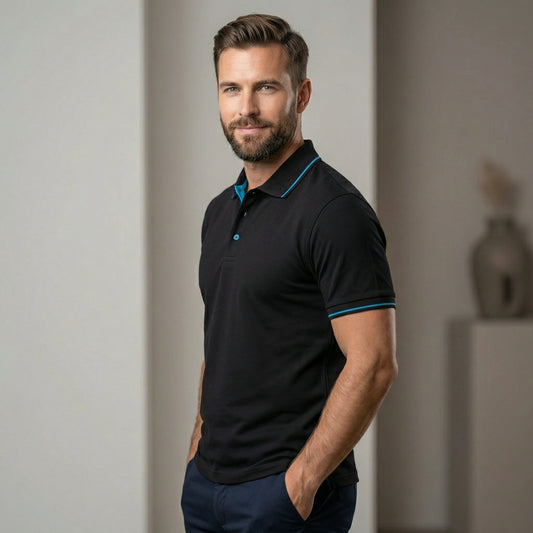 ShortTall® – Premium Polo T-Shirt | Black with Blue Tip