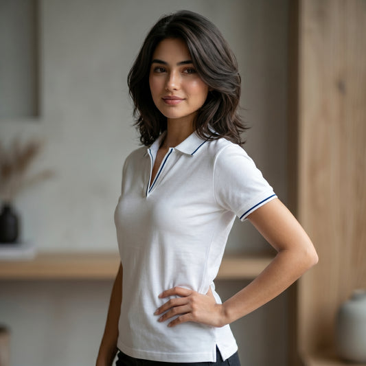 ShortTall® – Premium Women's Polo T-Shirt | White with Navy Blue Tip