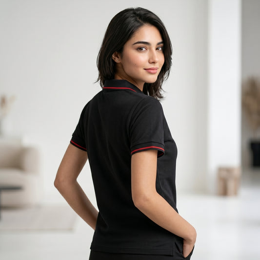ShortTall® – Premium Women's Polo T-Shirt | Black with Red Tip