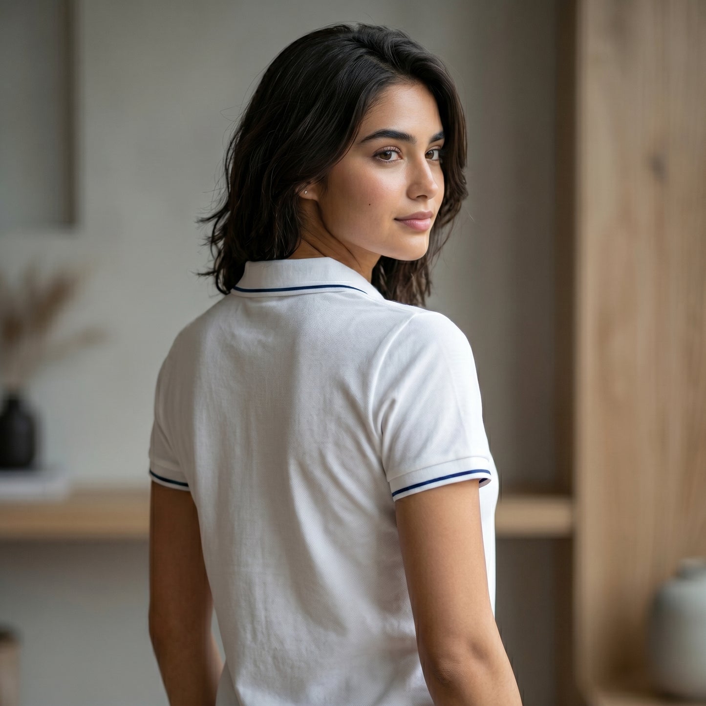 ShortTall® – Premium Women's Polo T-Shirt | White with Navy Blue Tip