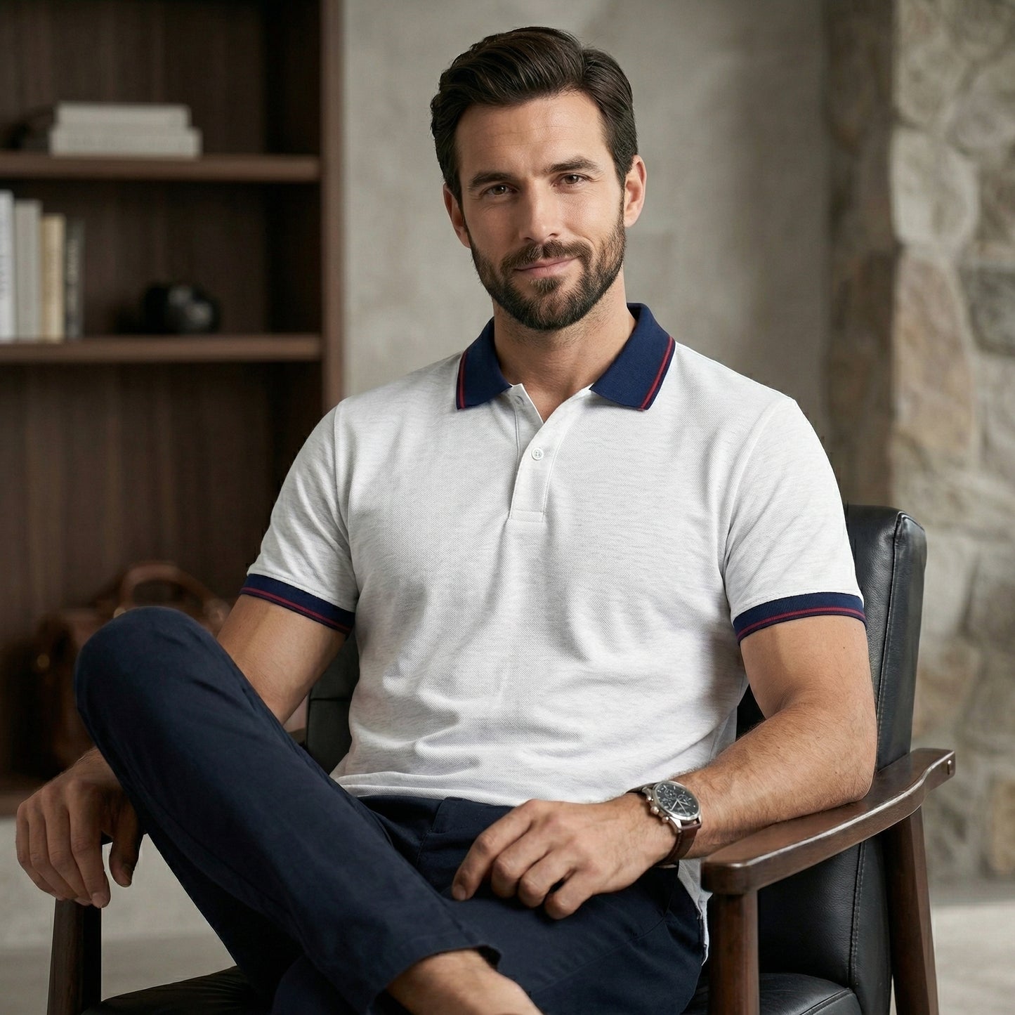 ShortTall® – Premium Polo T-Shirt | White Melange with Navy Blue with Red Tip