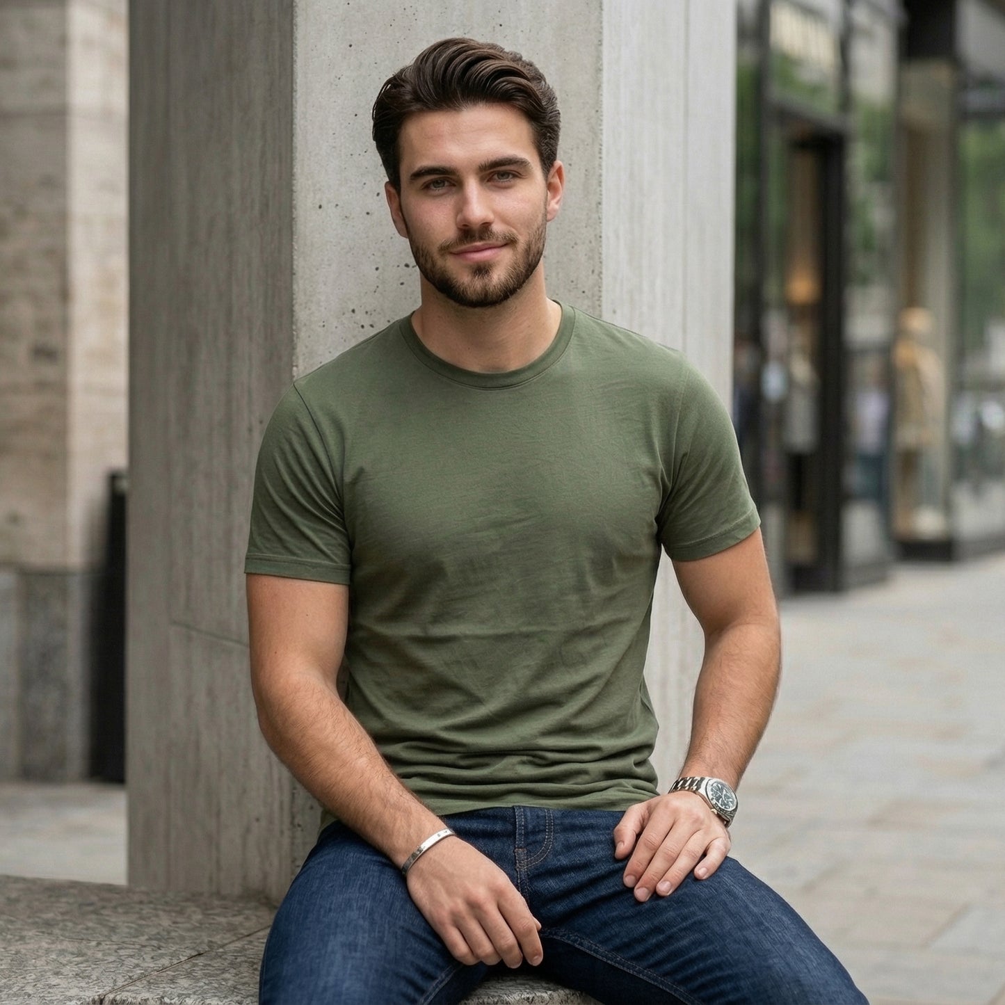 Shorttall® Plain Round Neck Cotton Tee – Military Green