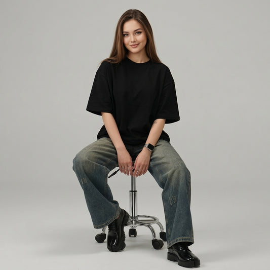 ShortTall® Oversized Round Neck Women's T-Shirt - Black
