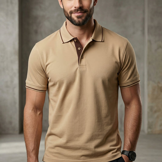 ShortTall® – Premium Polo T-Shirt | Beige with Brown Tip