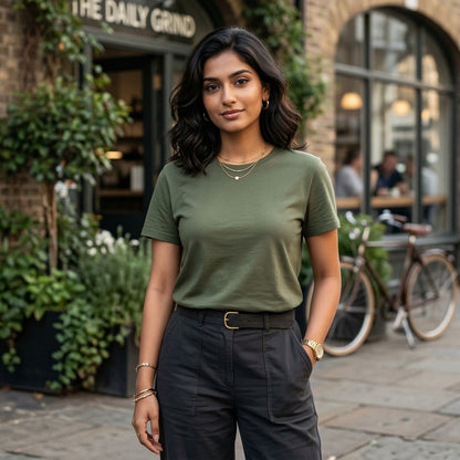 Shorttall® Plain Round Neck Cotton Women's Tee – Military Green