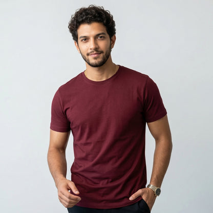 Shorttall® Plain Round Neck Cotton Tee – Maroon