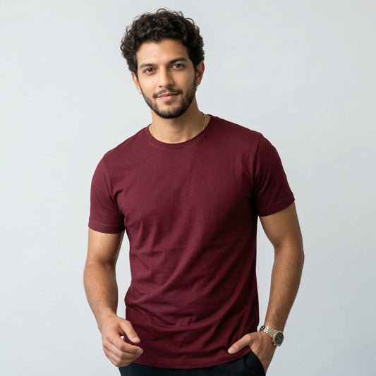 Shorttall® Plain Round Neck Cotton Tee – Maroon