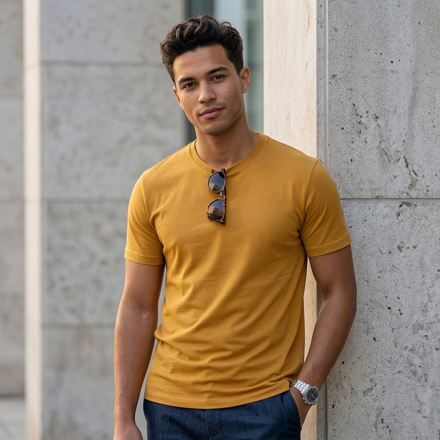 Shorttall® Plain Round Neck Cotton Tee – Yellow