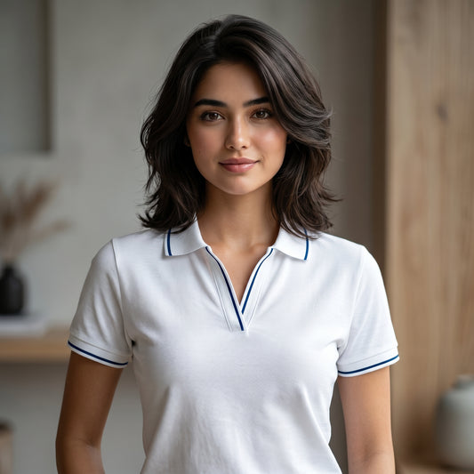 ShortTall® – Premium Women's Polo T-Shirt | White with Navy Blue Tip