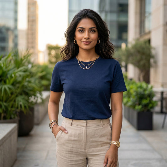 Shorttall® Plain Round Neck Cotton Women's Tee – Navy Blue