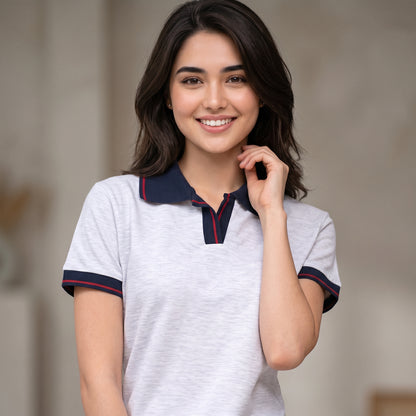 ShortTall® – Premium Women's Polo T-Shirt | White Melange with Navy Blue with Red Tip
