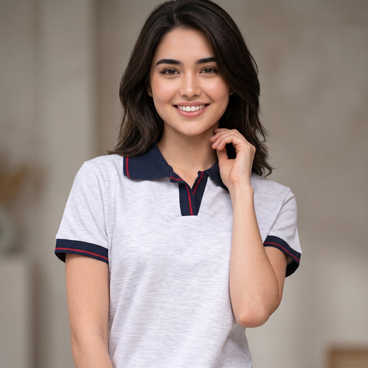 ShortTall® – Premium Women's Polo T-Shirt | White Melange with Navy Blue with Red Tip