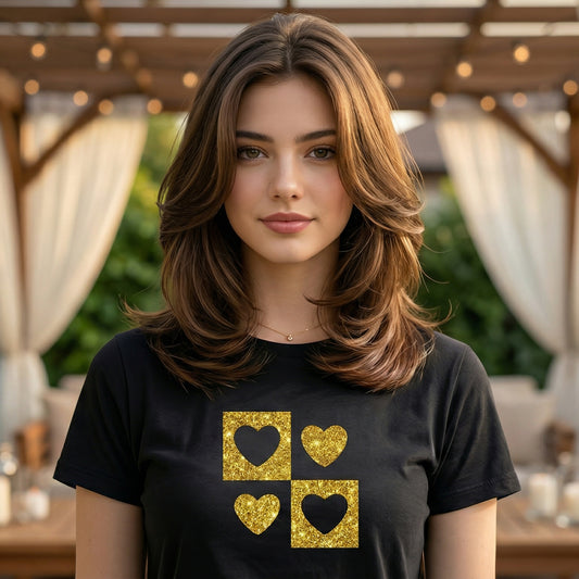 ShortTall® – Premium Women’s T-Shirt | “Golden Quad Hearts” Sparkle Edition