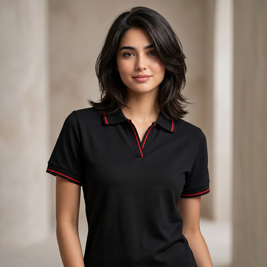 ShortTall® – Premium Women's Polo T-Shirt | Black with Red Tip
