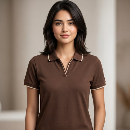ShortTall® – Premium Women's Polo T-Shirt | Coffee Brown with Cream Tip
