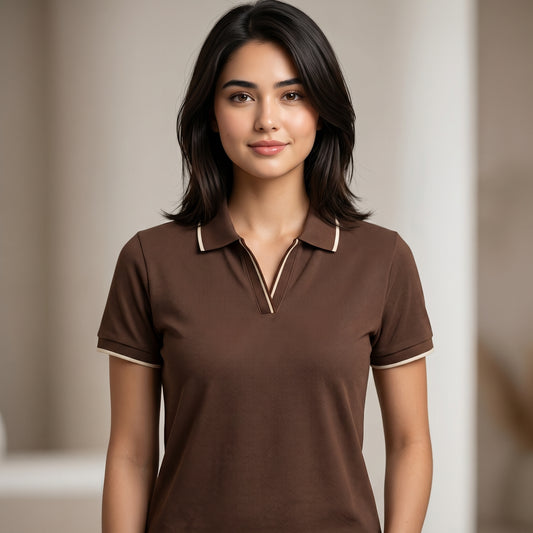 ShortTall® – Premium Women's Polo T-Shirt | Coffee Brown with Cream Tip