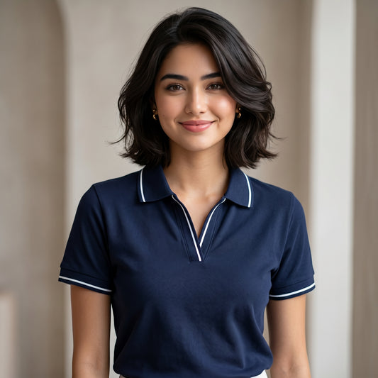 ShortTall® – Premium Women's Polo T-Shirt | Navy Blue with White Tip