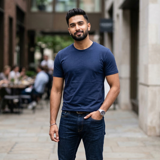 Shorttall® Plain Round Neck Cotton Tee – Navy Blue