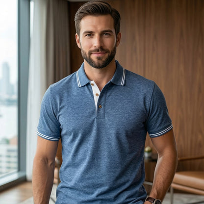 ShortTall® – ForestClub Polo T-Shirt | Blue Melange with White Detail