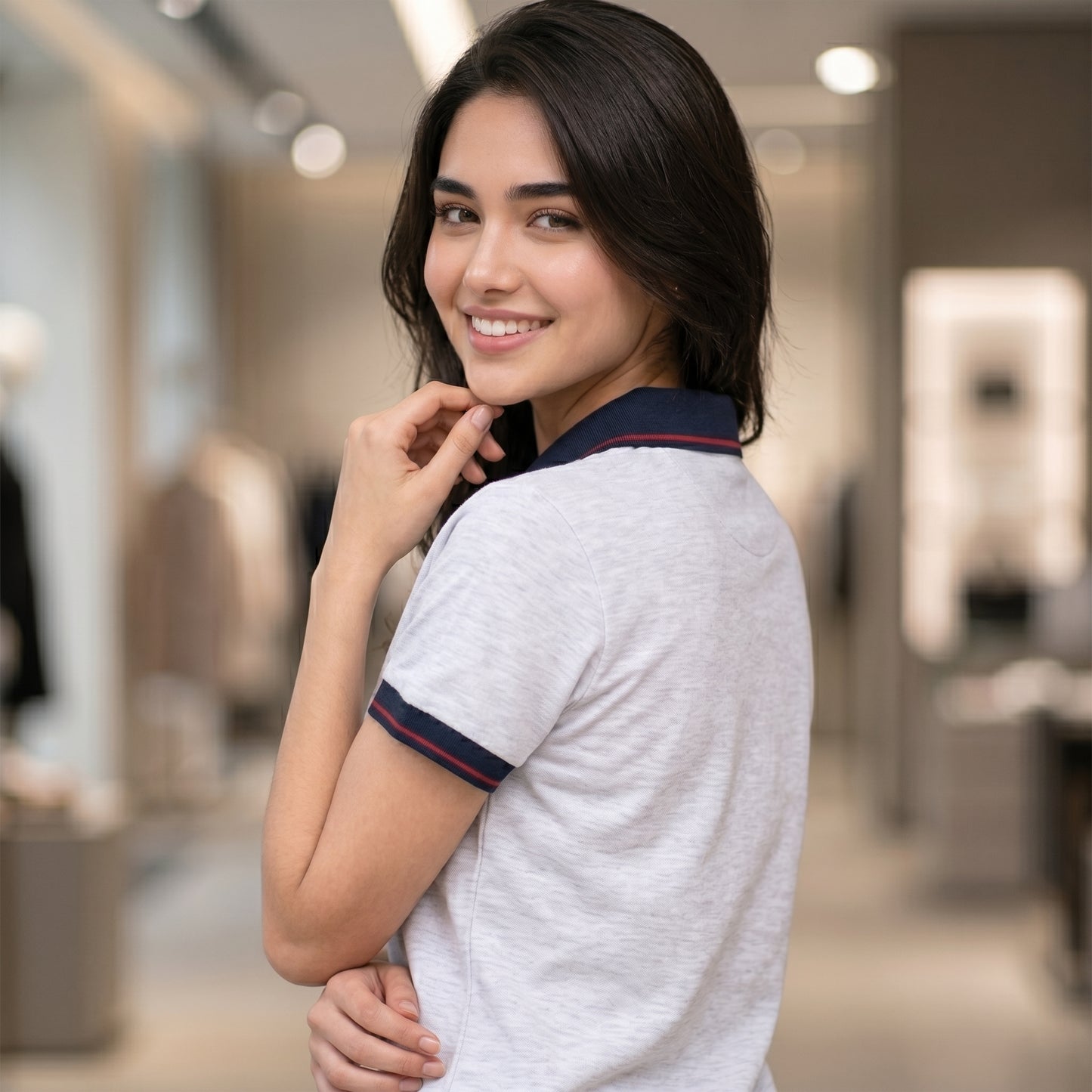ShortTall® – Premium Women's Polo T-Shirt | White Melange with Navy Blue with Red Tip