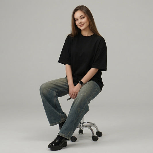 ShortTall® Oversized Round Neck Women's T-Shirt - Black