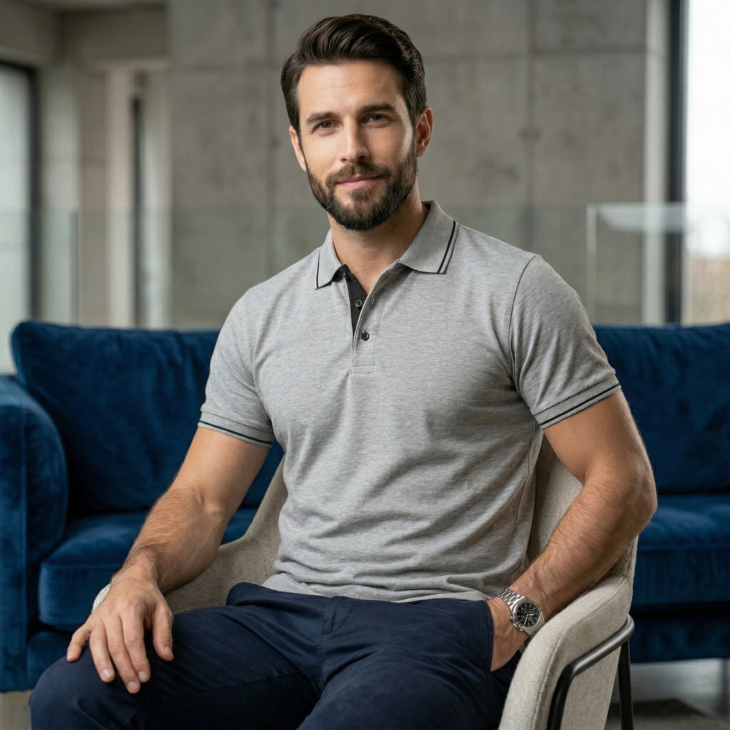 ShortTall® – Premium Polo T-Shirt | Grey Melange with Black Tip