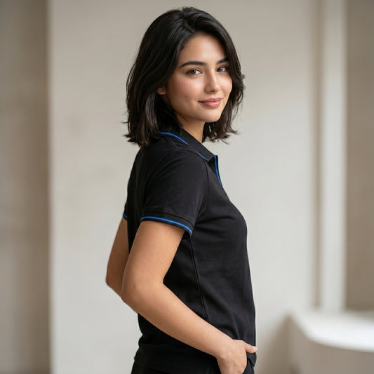 ShortTall® – Premium Women's Polo T-Shirt | Black with Blue Tip