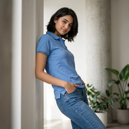 ShortTall® – Premium Women's Polo T-Shirt | Indian Blue with Black Tip