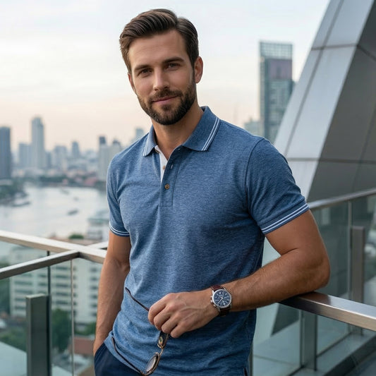 ShortTall® – ForestClub Polo T-Shirt | Blue Melange with White Detail