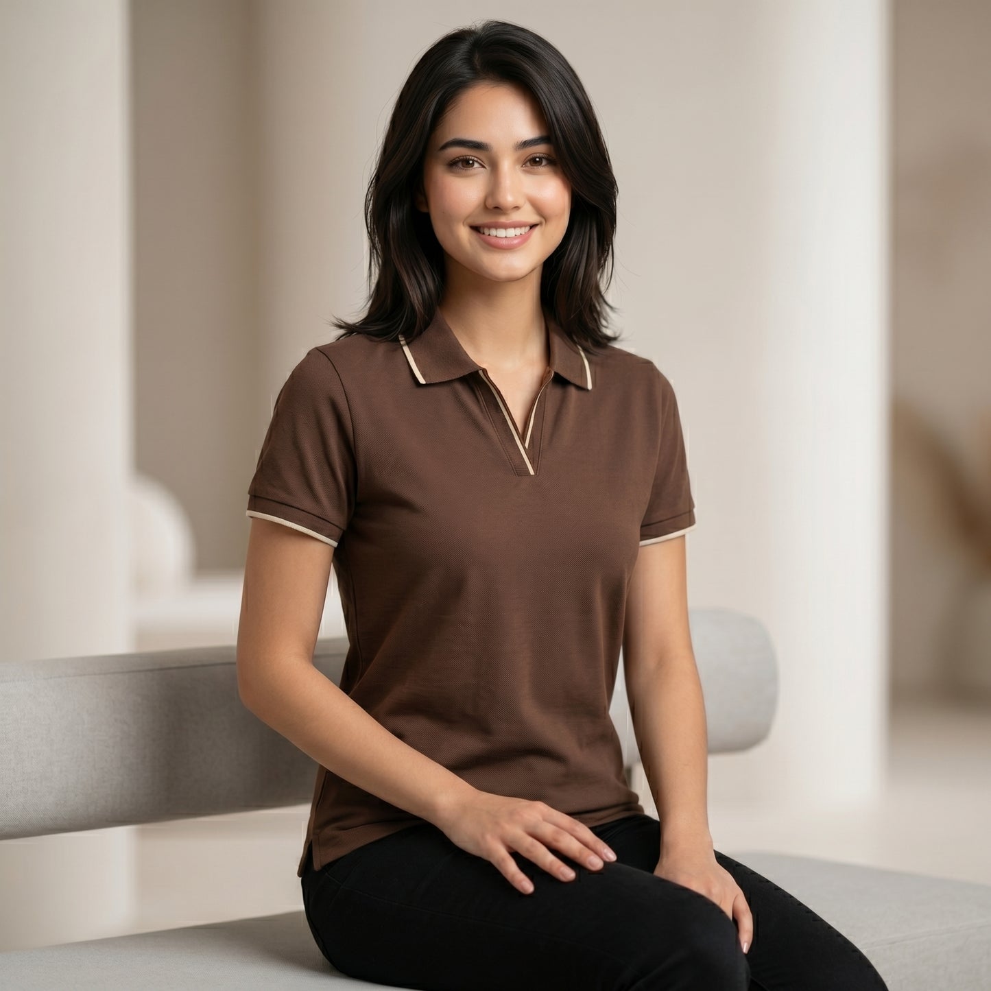 ShortTall® – Premium Women's Polo T-Shirt | Coffee Brown with Cream Tip