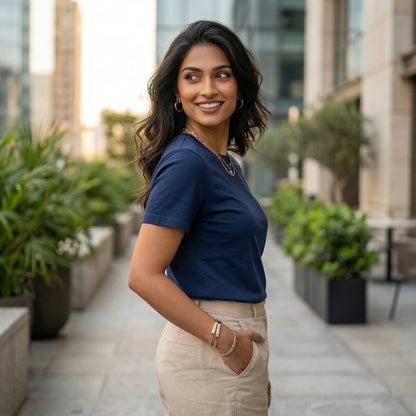 Shorttall® Plain Round Neck Cotton Women's Tee – Navy Blue