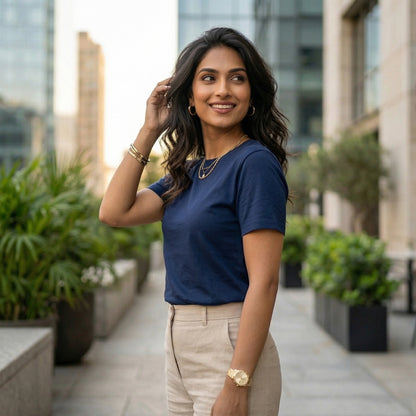 Shorttall® Plain Round Neck Cotton Women's Tee – Navy Blue