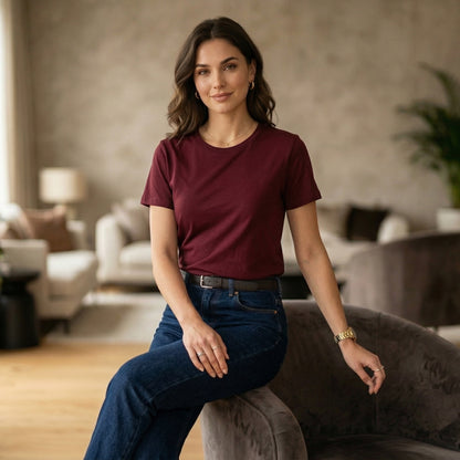 Shorttall® Plain Round Neck Cotton Women's Tee –  Maroon
