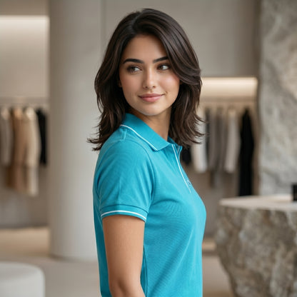 ShortTall® – Premium Women's Polo T-Shirt | Torquoise Blue with White Tip