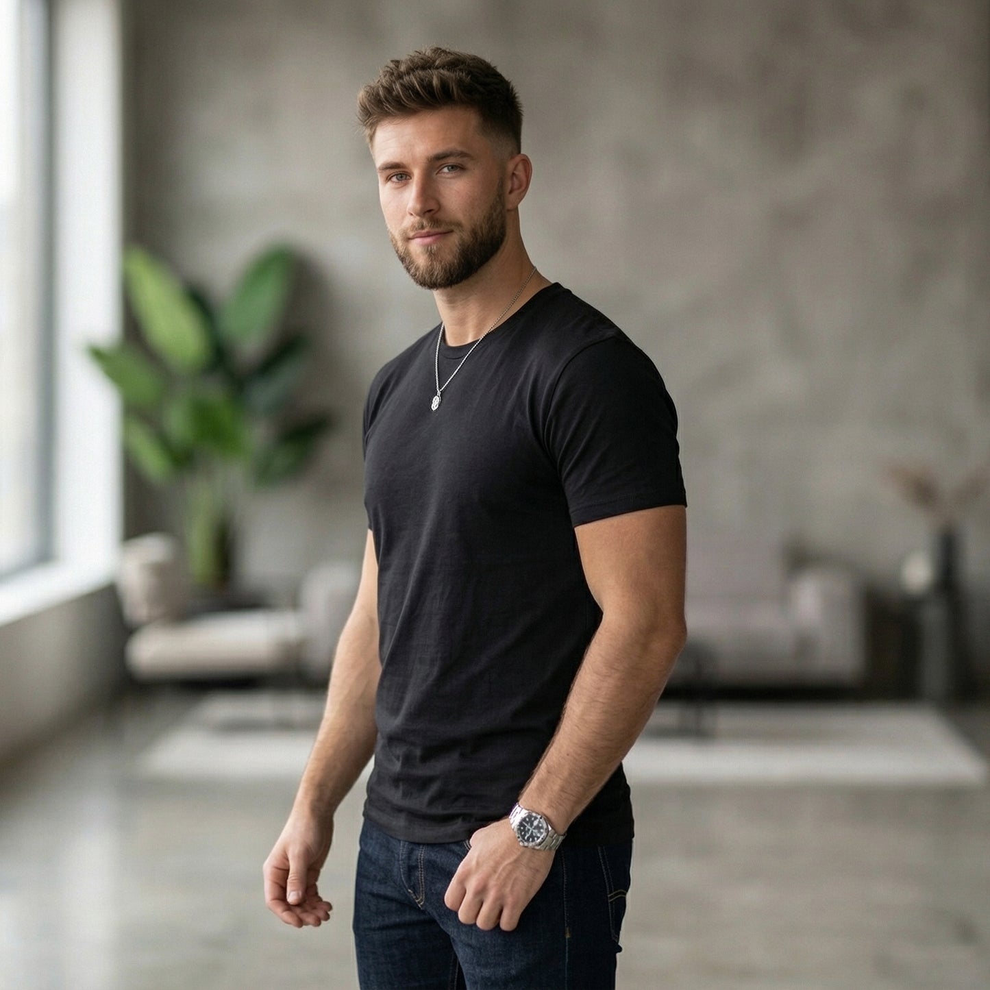 Shorttall® Plain Round Neck Cotton Tee – Black