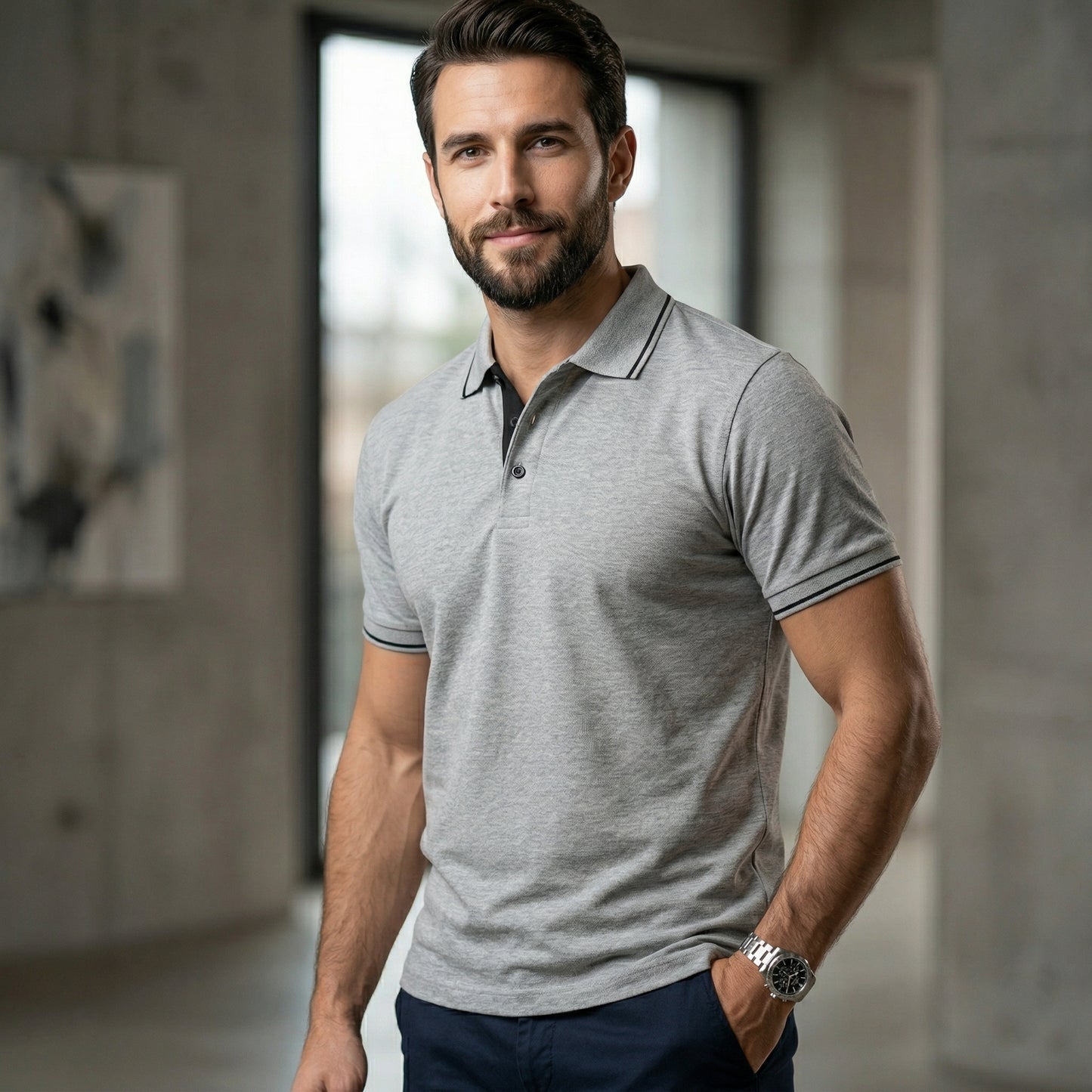 ShortTall® – Premium Polo T-Shirt | Grey Melange with Black Tip