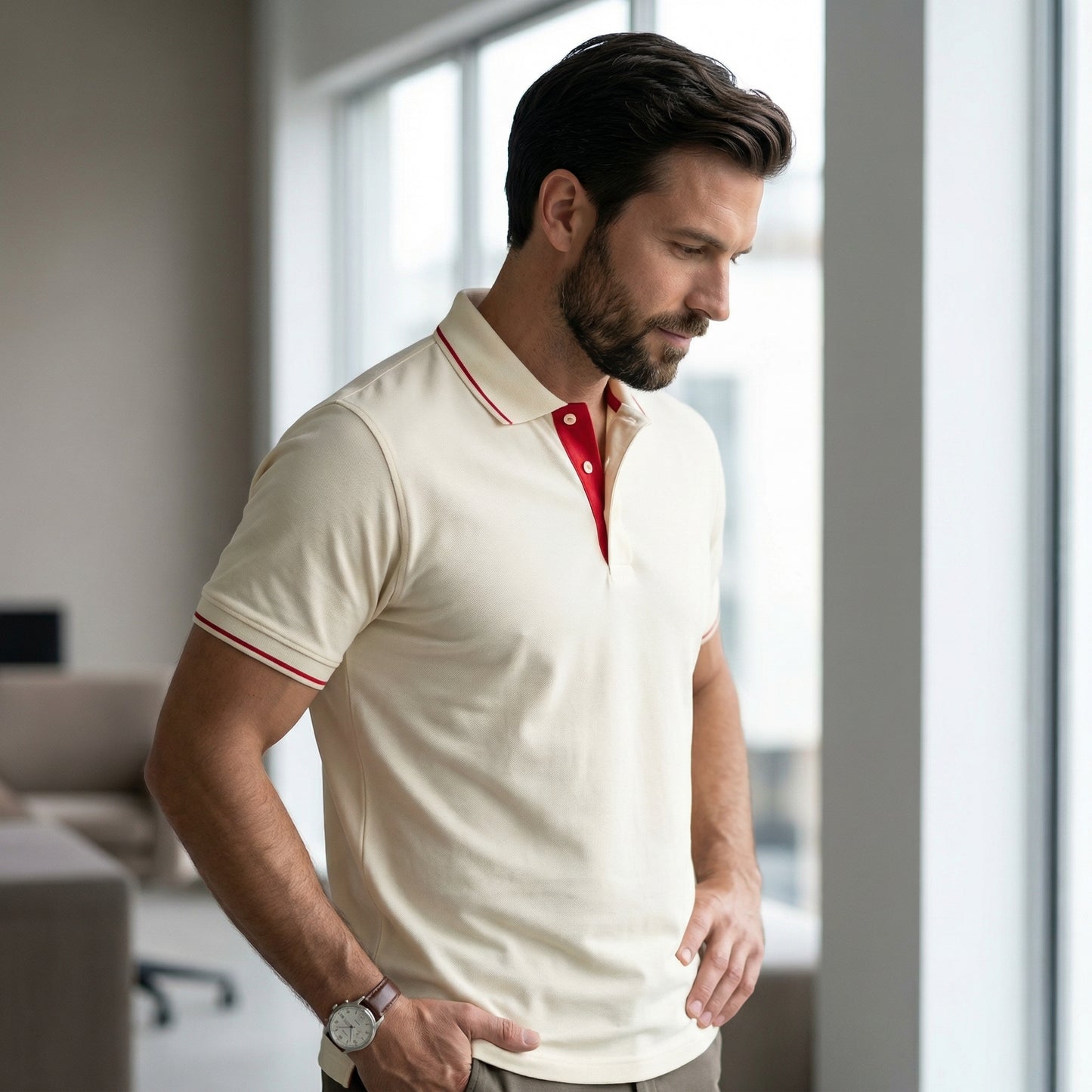 ShortTall® – Premium Polo T-Shirt | Cream with Red Tip