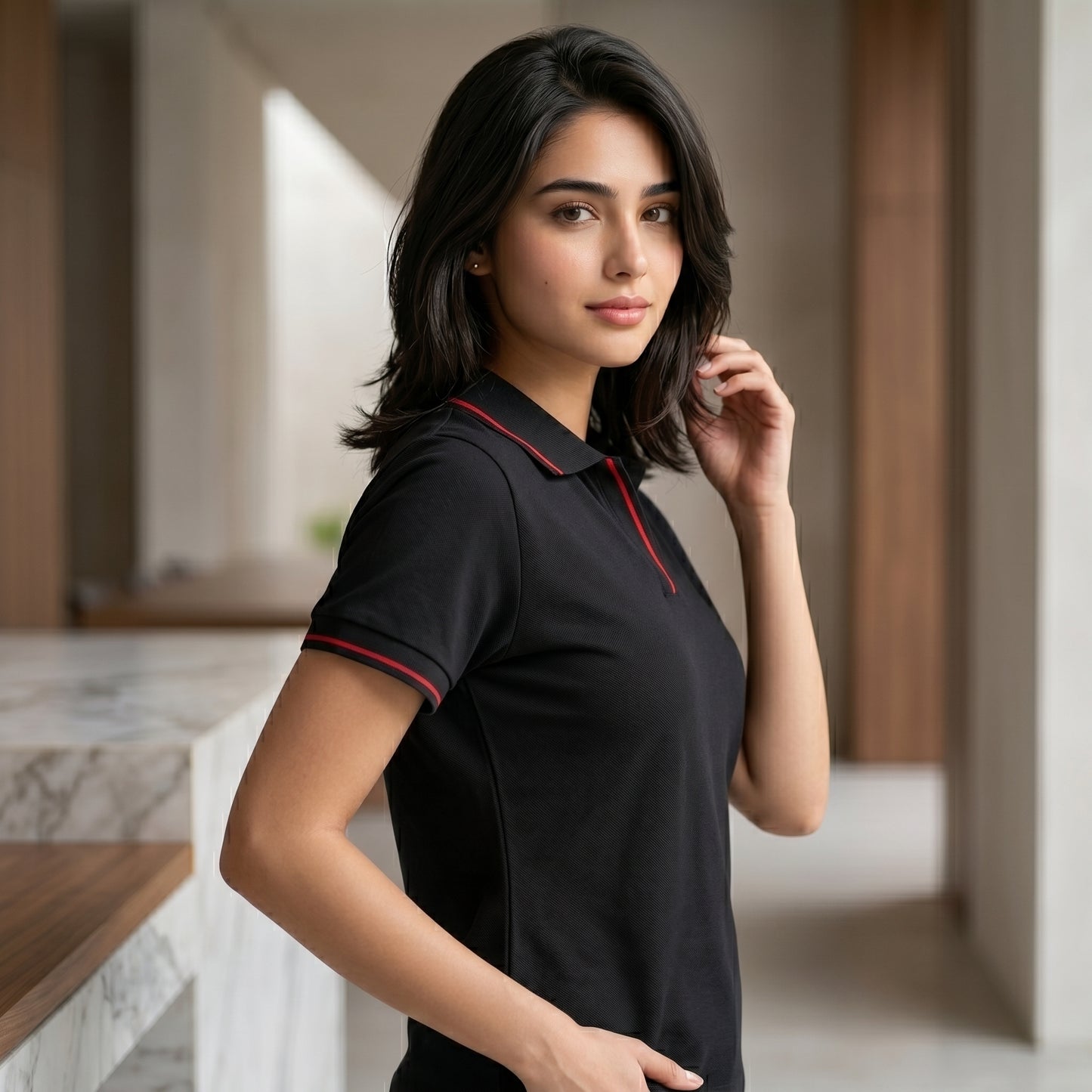 ShortTall® – Premium Women's Polo T-Shirt | Black with Red Tip