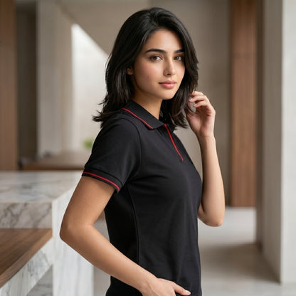 ShortTall® – Premium Women's Polo T-Shirt | Black with Red Tip