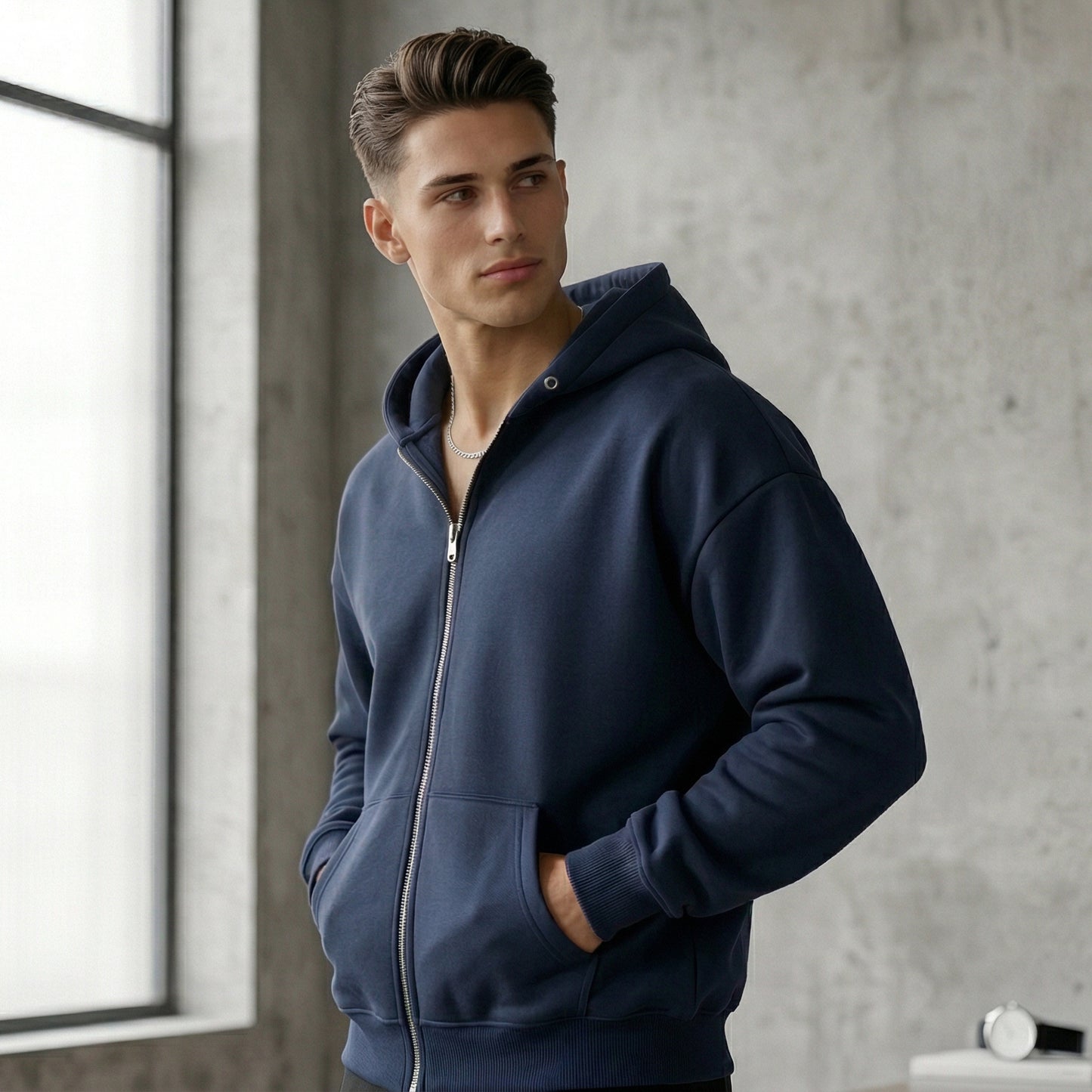 Men Zip-up Hoodie - Navy Blue