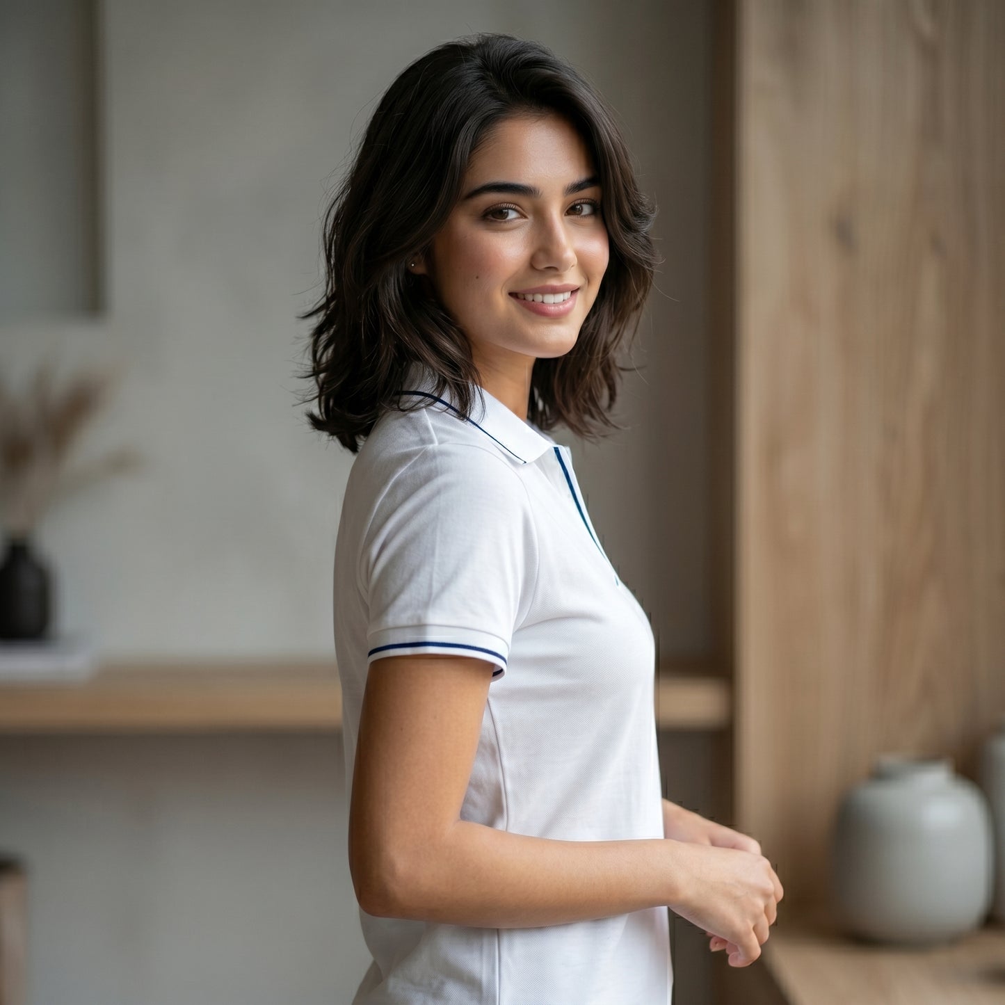 ShortTall® – Premium Women's Polo T-Shirt | White with Navy Blue Tip