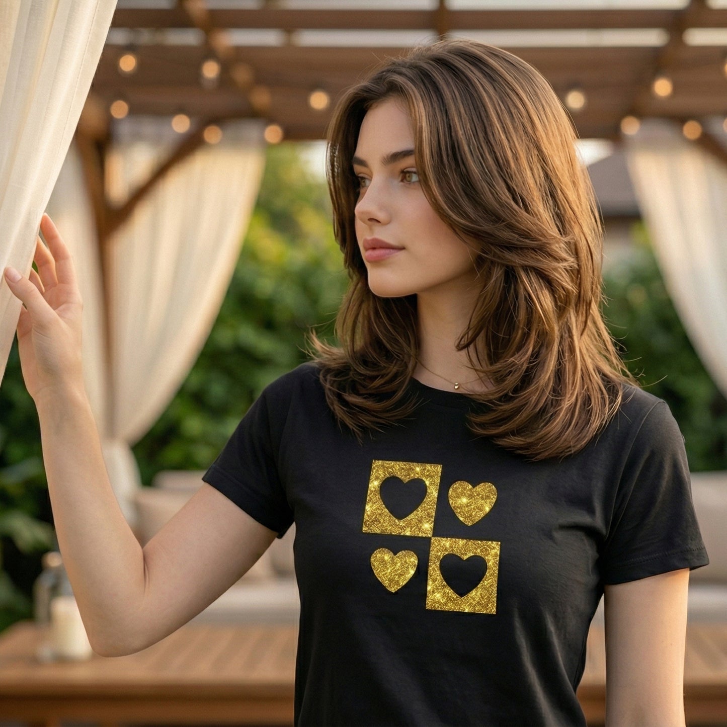 ShortTall® – Premium Women’s T-Shirt | “Golden Quad Hearts” Sparkle Edition