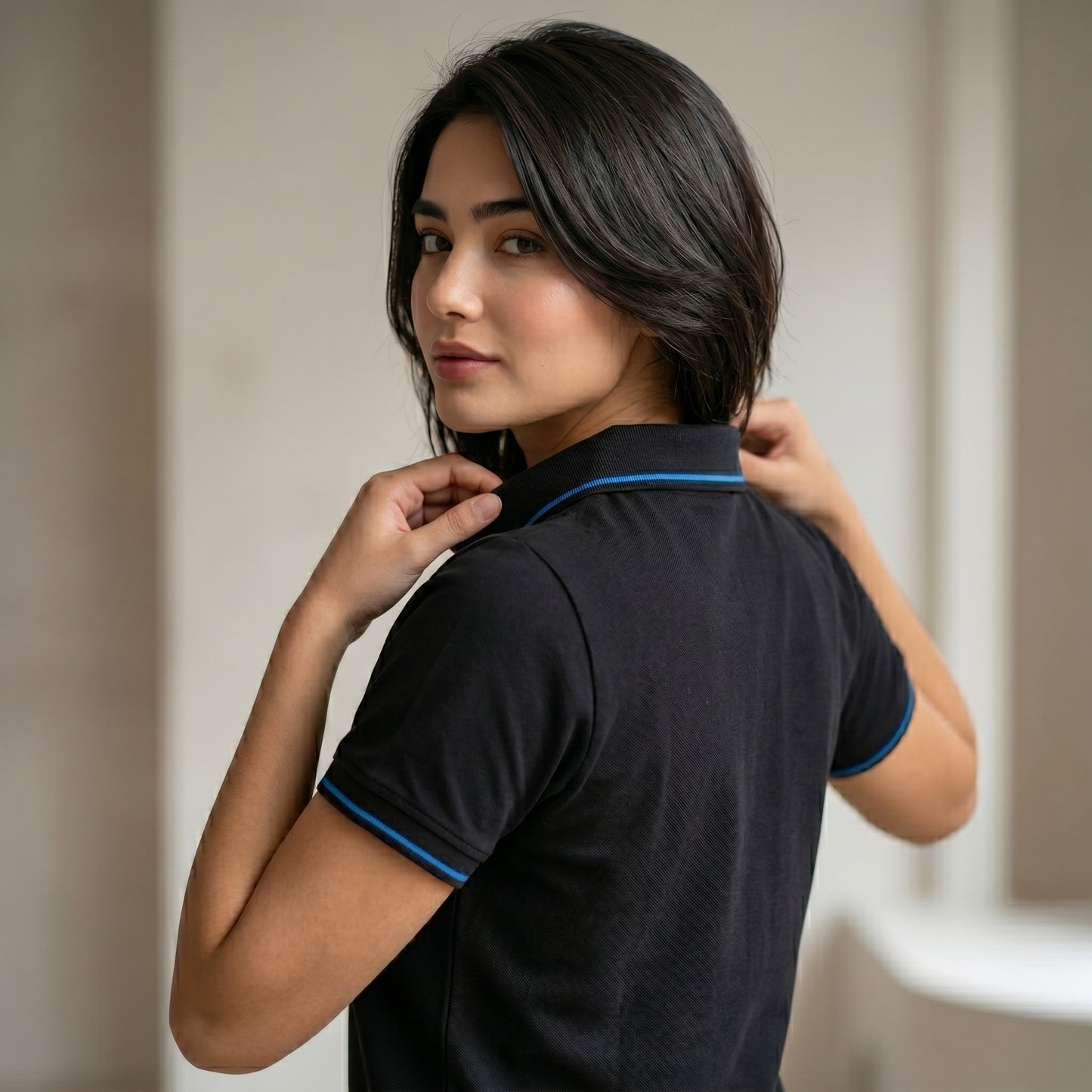 ShortTall® – Premium Women's Polo T-Shirt | Black with Blue Tip