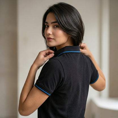 ShortTall® – Premium Women's Polo T-Shirt | Black with Blue Tip