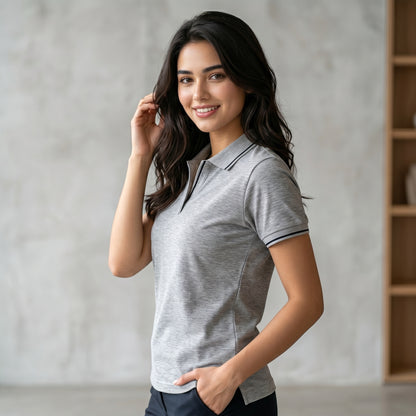 ShortTall® – Premium Women's Polo T-Shirt | Grey Melange with Black Tip