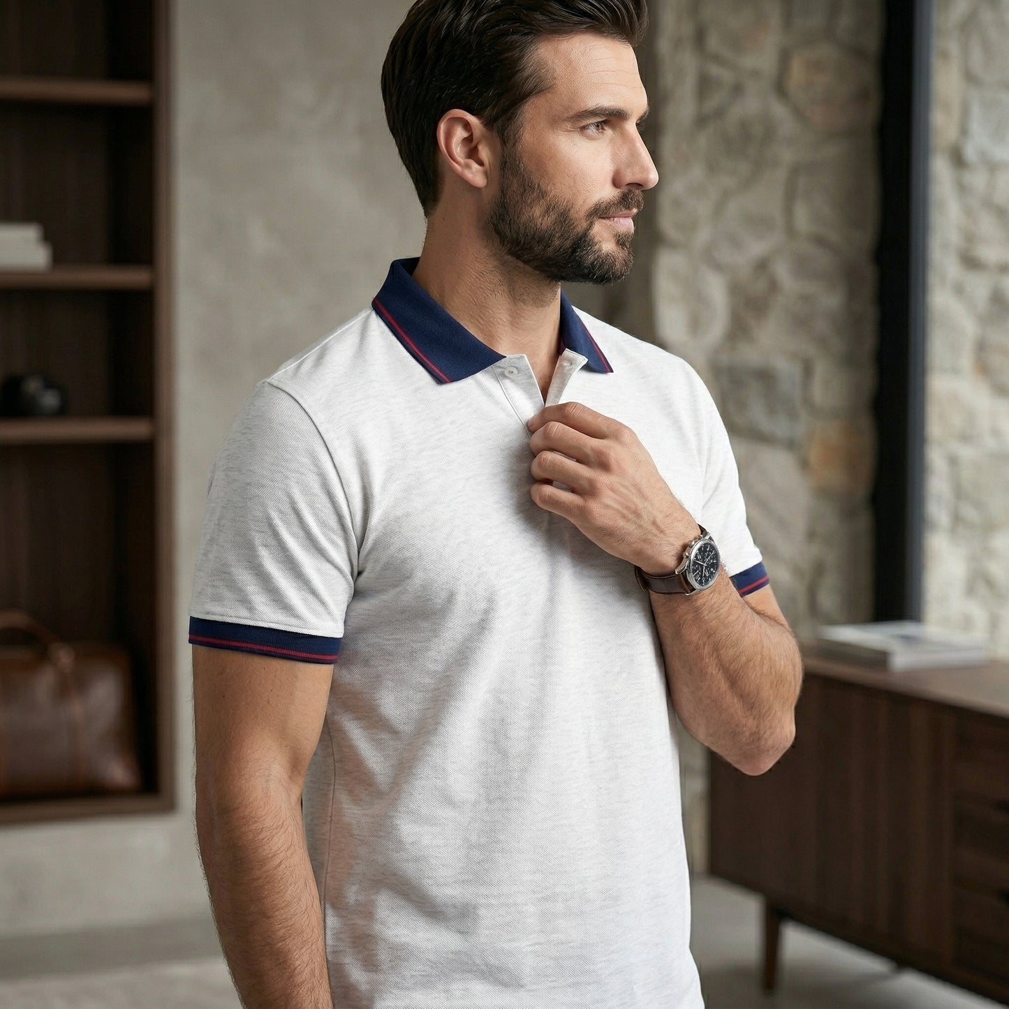 ShortTall® – Premium Polo T-Shirt | White Melange with Navy Blue with Red Tip