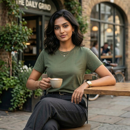 Shorttall® Plain Round Neck Cotton Women's Tee – Military Green