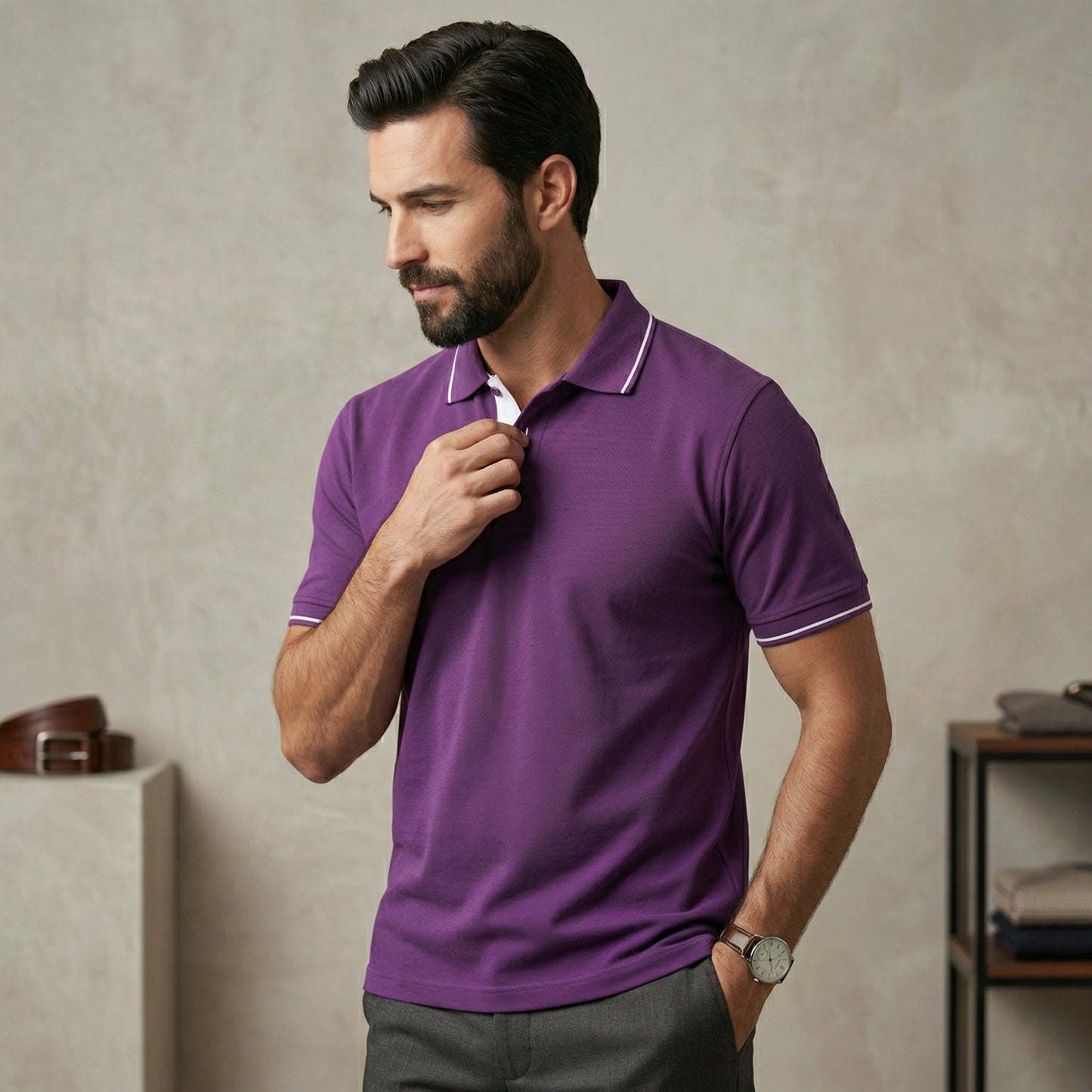 ShortTall® – Premium Polo T-Shirt | Purple with White Tip
