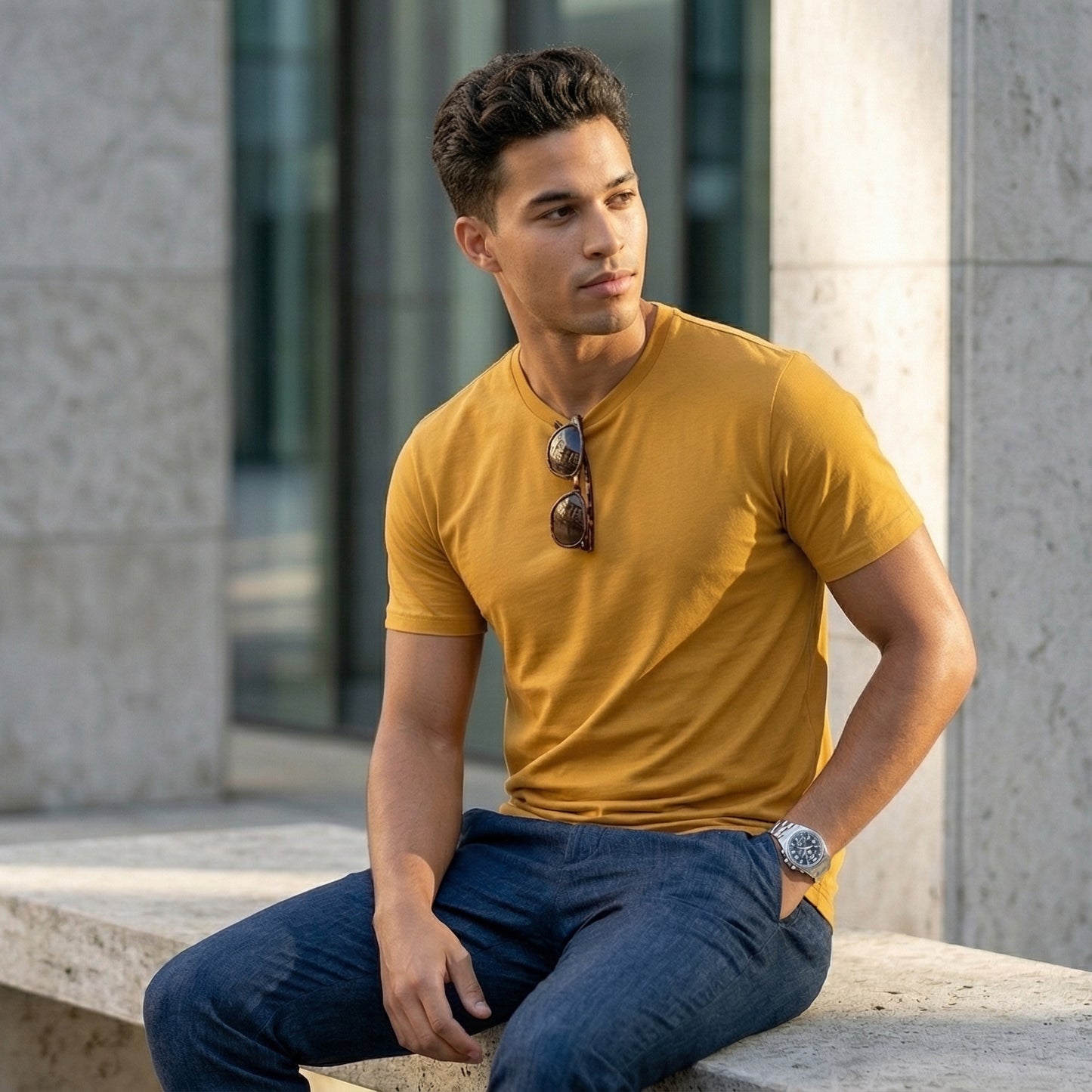 Shorttall® Plain Round Neck Cotton Tee – Yellow