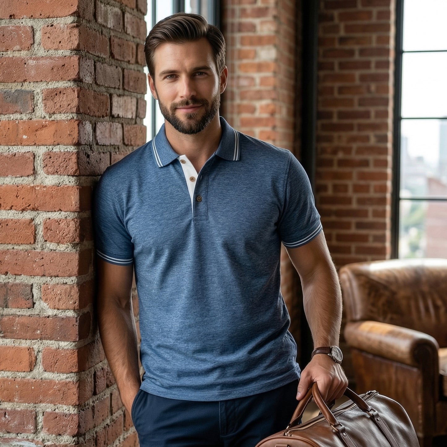 ShortTall® – ForestClub Polo T-Shirt | Blue Melange with White Detail